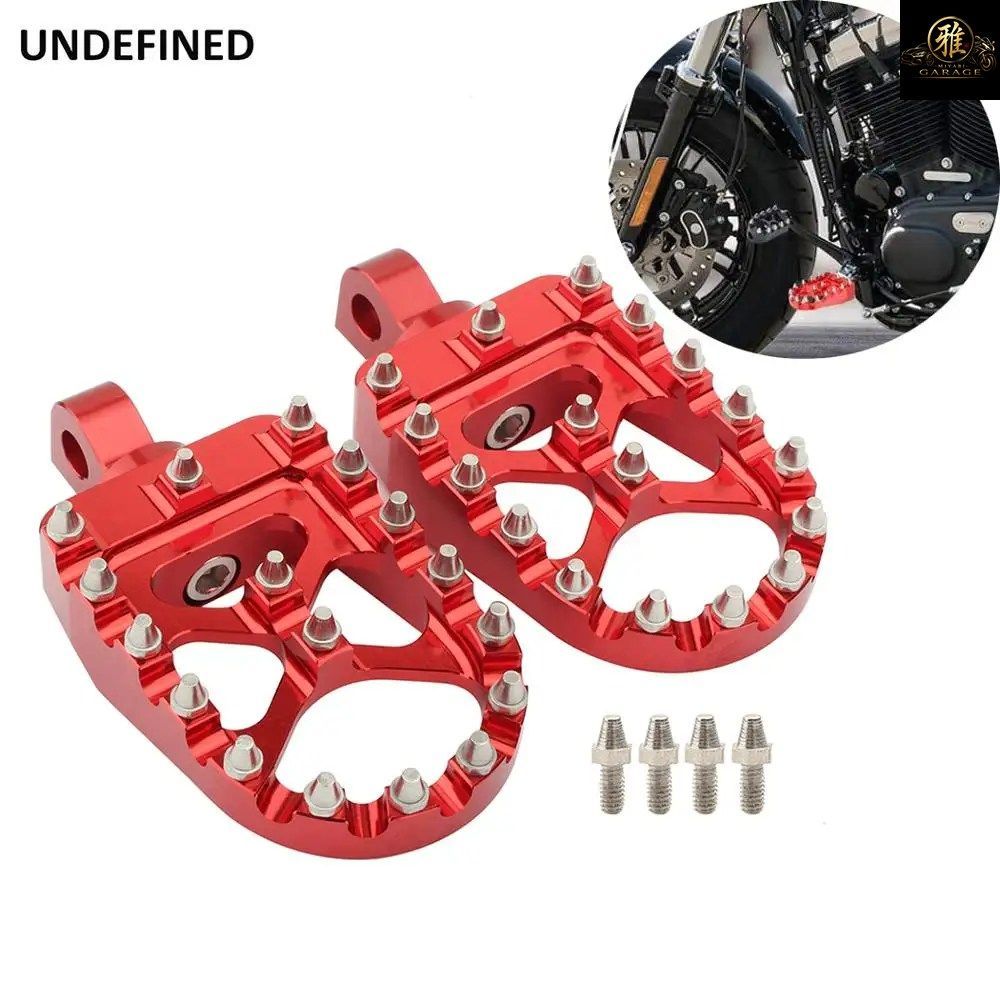 ワイドMXオフロードフットペグ 360度回転チョッパースタイルフットレスト レッド ハーレー ダイナ ファットボーイ スポーツスター アイアン