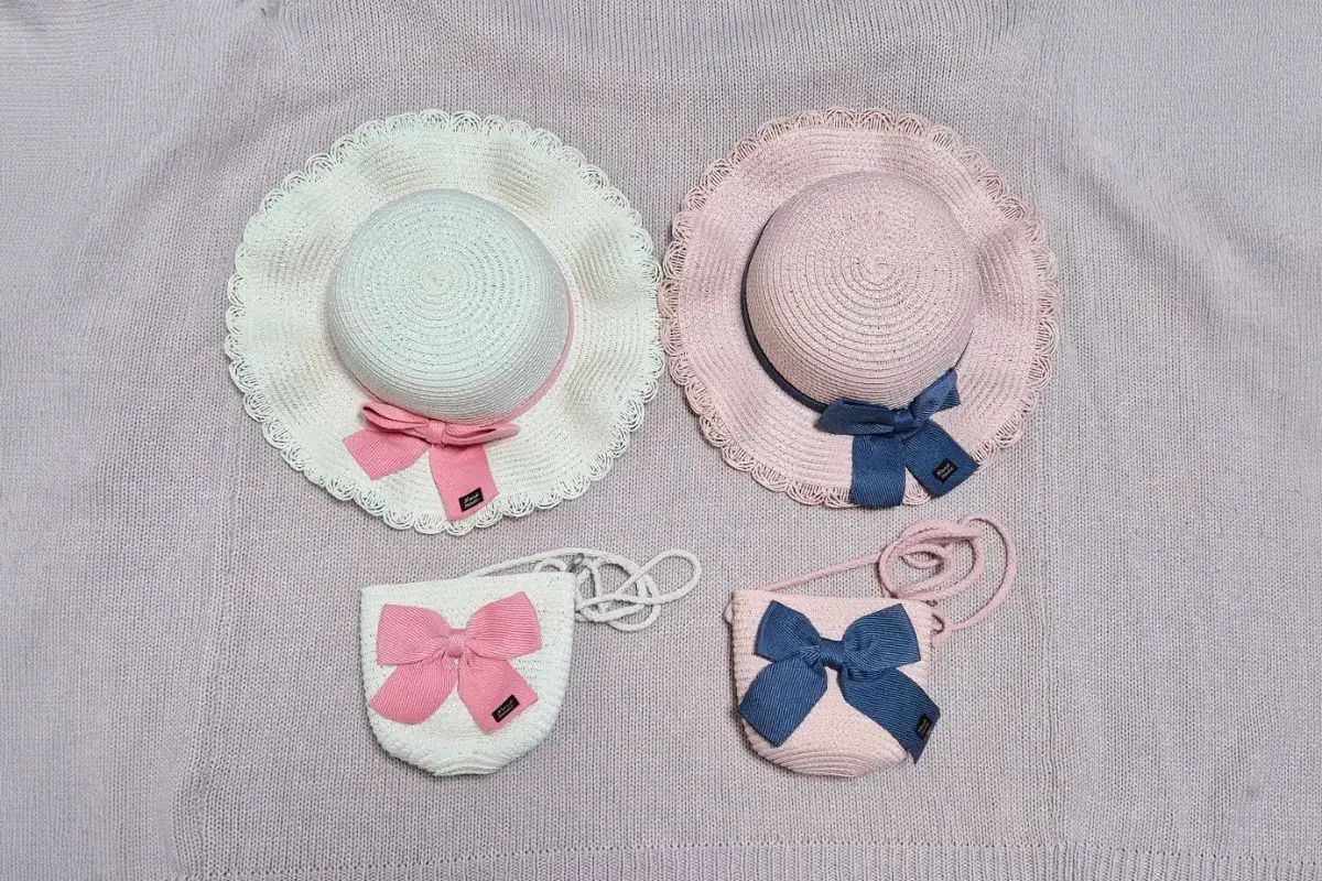 新品 小学生 女の子/子供用 リボン 麦わら 帽子+クロスバック セット