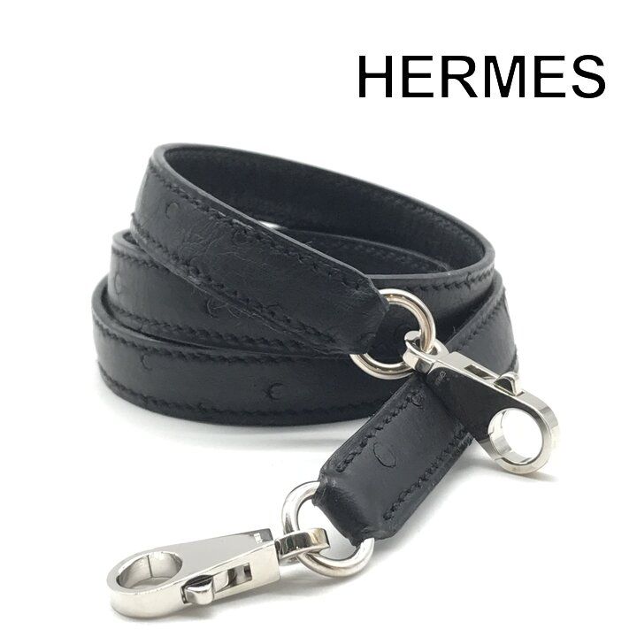 良品 HERMES エルメス オーストリッチ レザー バッグ ショルダーストラップ ファッション 小物 レディース ブラック a13168