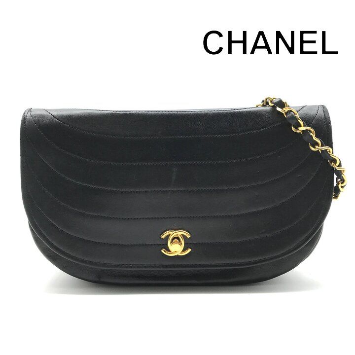 良品 CHANEL シャネル ココマーク ハーフムーン ターンロック レザー チェーン ショルダー バッグ レディース かばん 鞄 ブラック a13274