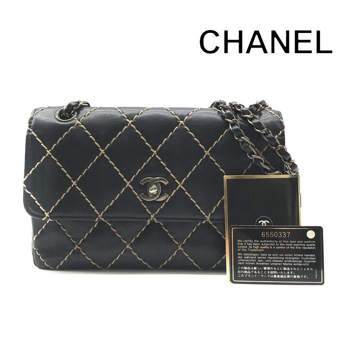 良品 CHANEL シャネル ココマーク ワイルドステッチ チェーン ショルダー バッグ レザー ブラック レディース k7562