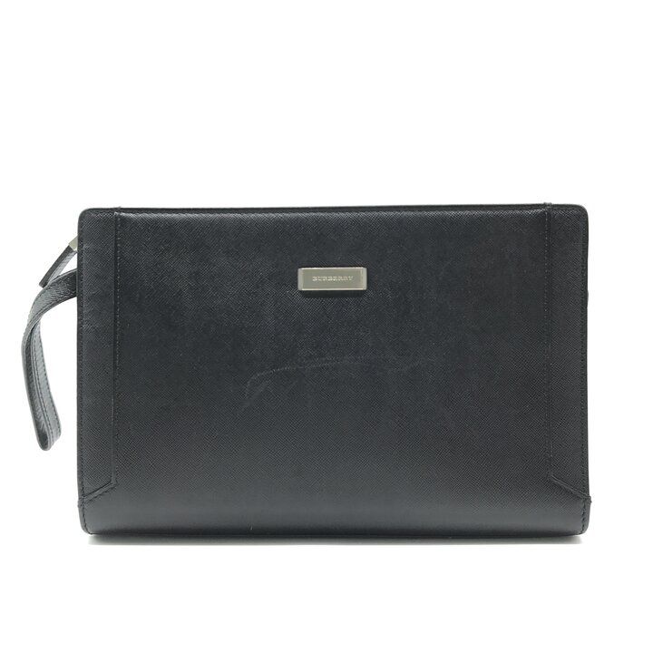 良品 BURBERRY バーバリー レザー ロゴプレート シルバー金具 クラッチ セカンド バッグ メンズ ファッション ブラック 鞄 r1673
