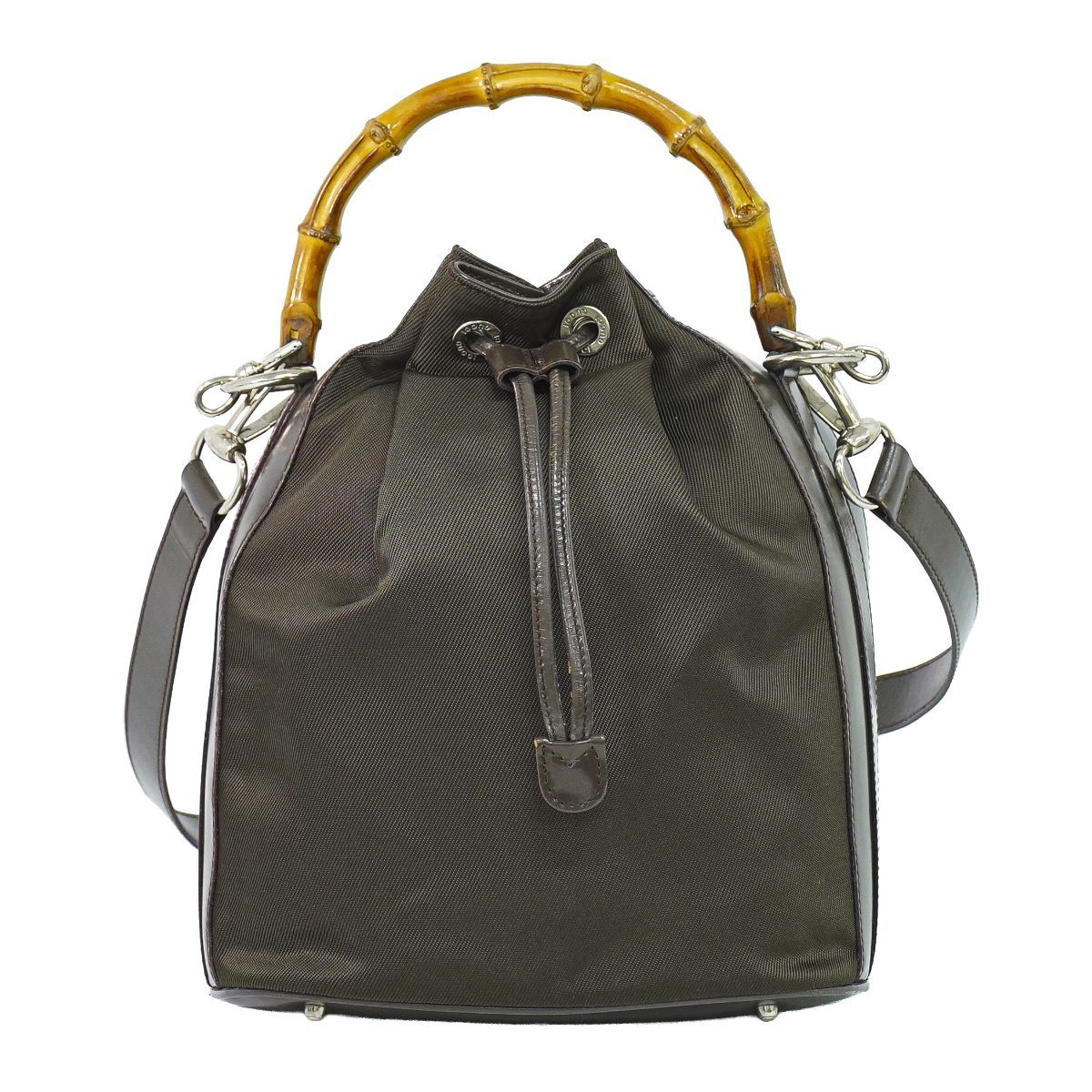 本物 グッチ GUCCI バンブー 巾着 2WAY ショルダーバッグ ハンドバッグ キャンバス レザー ブラウン Bamboo バッグ 中古・