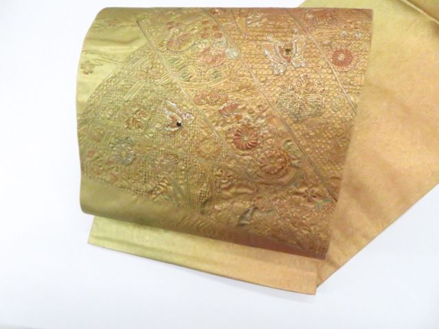 【一輝堂】袋帯 太鼓柄 スワトウ刺繍 螺鈿 金糸 正絹 26b05-464