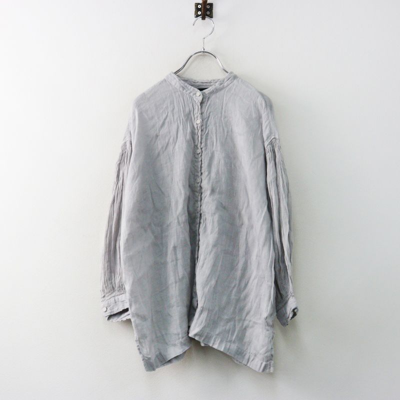 22SS メゾンドソイル maison de soil HANDWOVEN KHADI LINEN PLAIN BANDED COLLAR SHIRT WITH MINI PINTUCK 1 グレー／【2400014983470】