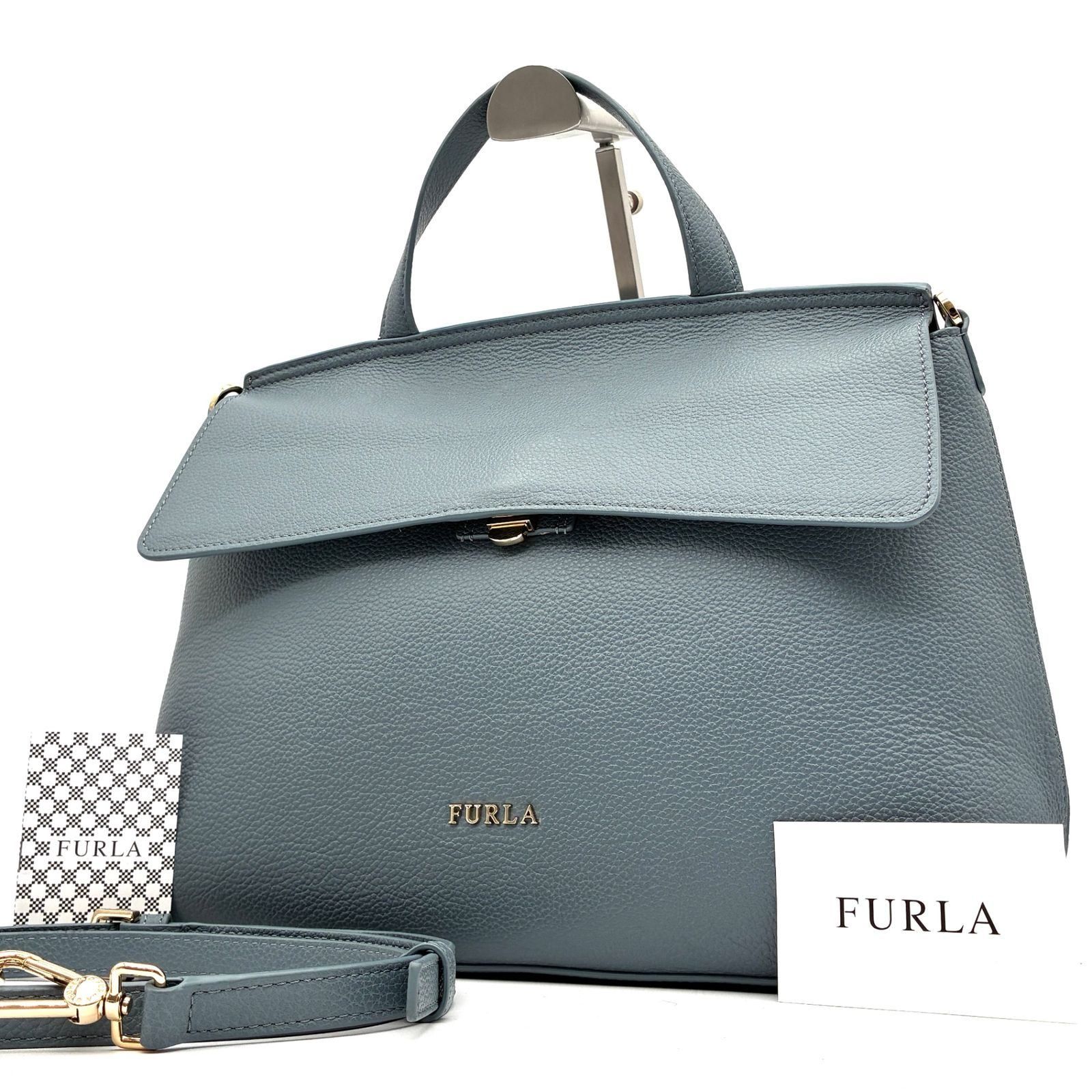 極美品 フルラ FURLA ニキ NIKI 2way ハンドバッグ ショルダーバッグ フラップ シボ革 ペブルドレザー ブルーグレー スモークブルー トップハンドル 肩掛け 斜め掛け クロスボディ 夏休み 旅行 ボーナス サマーギフト ご褒美