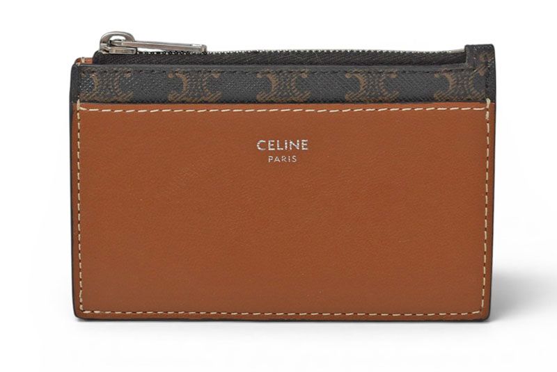 セリーヌ コインケース/カードホルダー CELINE ジップ付きカードホルダー/トリオンフキャンバス/ラムスキン ブラウン【中古】