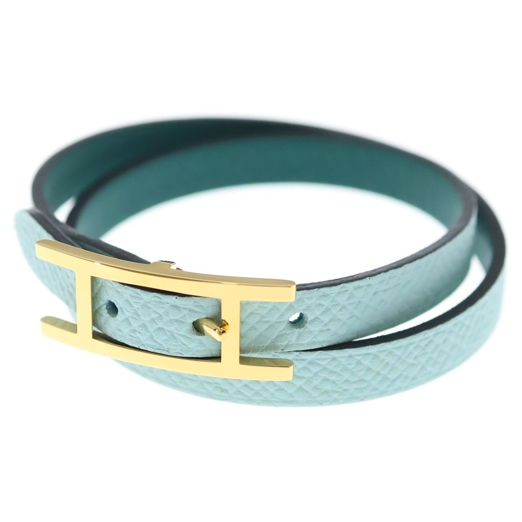 HERMES (エルメス) ビーアピ ドゥブルトゥール レザー 2連 ブレスレット ゴールド金具 ライトブルー/グリーン 28,490円