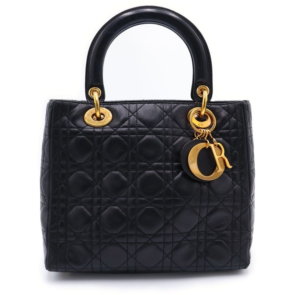 Christian Dior (クリスチャンディオール) レディディオール ミディアム キルティングバッグ ハンドバッグ ブラック レザー ゴールド金具