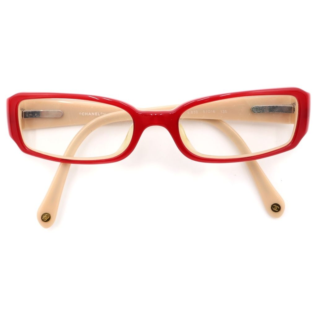 CHANEL (シャネル) Glasses Tortoiseshell Rectangular グラス トータスシェル レクタンギュラー アイウェア 眼鏡 度入り レッド/ベージュ 3091C.838