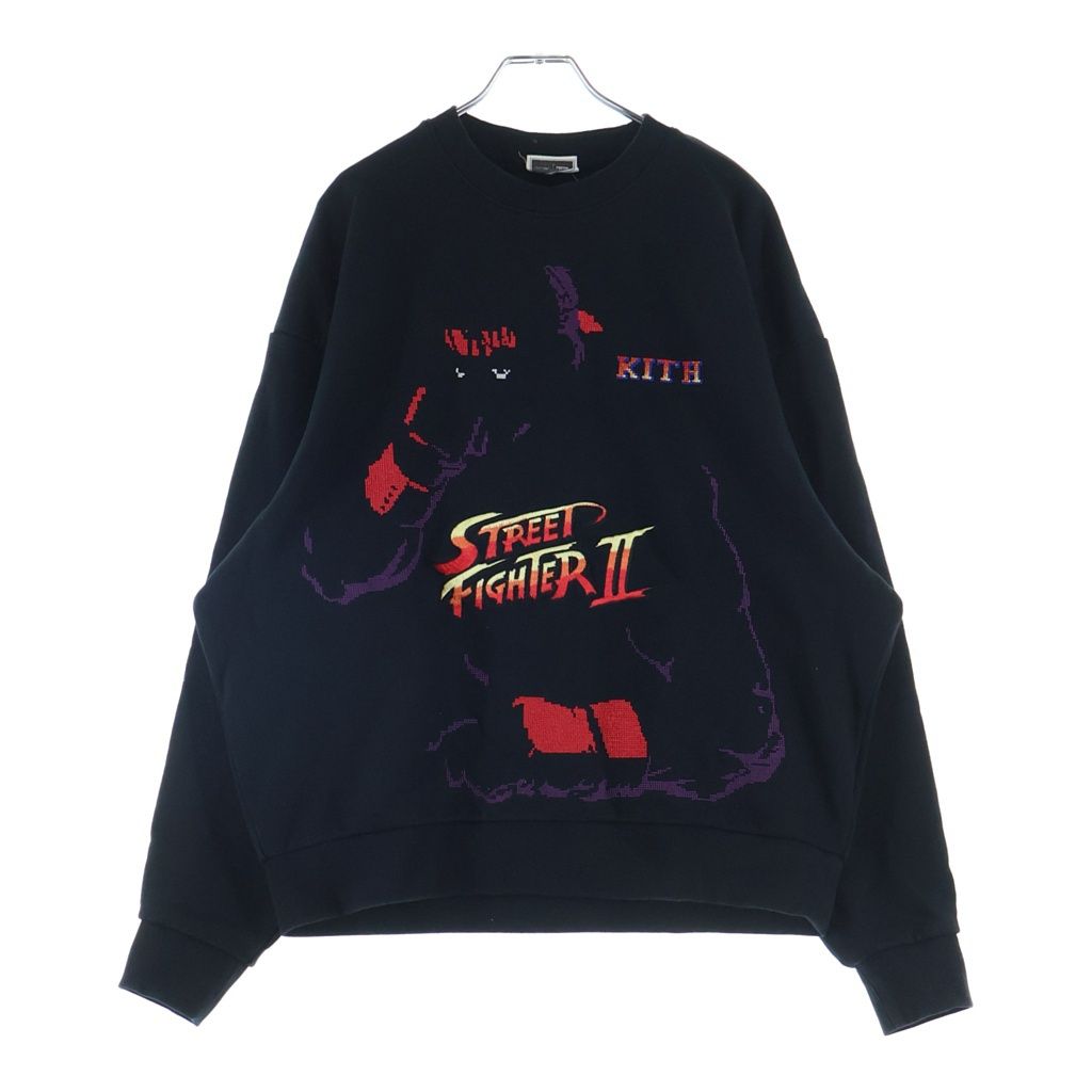 KITH (キス) ×CAPCON RYU VINTAGE Nelson Crewneck カプコン リュウ ヴィンテージ 刺繍 クルーネックスウェットトレーナー ブラック 25-072-060-0037-4-0