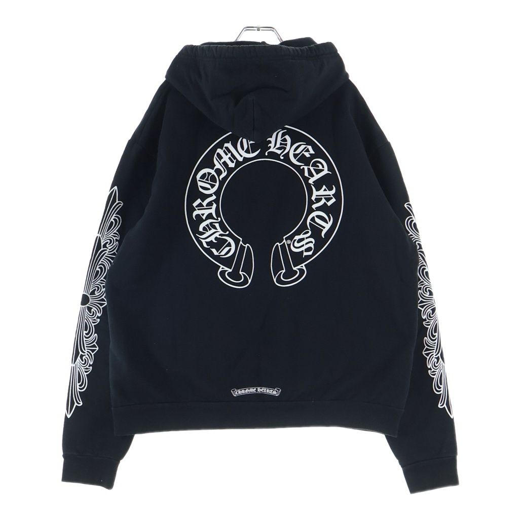 CHROME HEARTS (クロムハーツ) SWTSHRT PLVR 袖フローラルバックホースシュープリント プルオーバースウェットパーカー フーディ ブラック