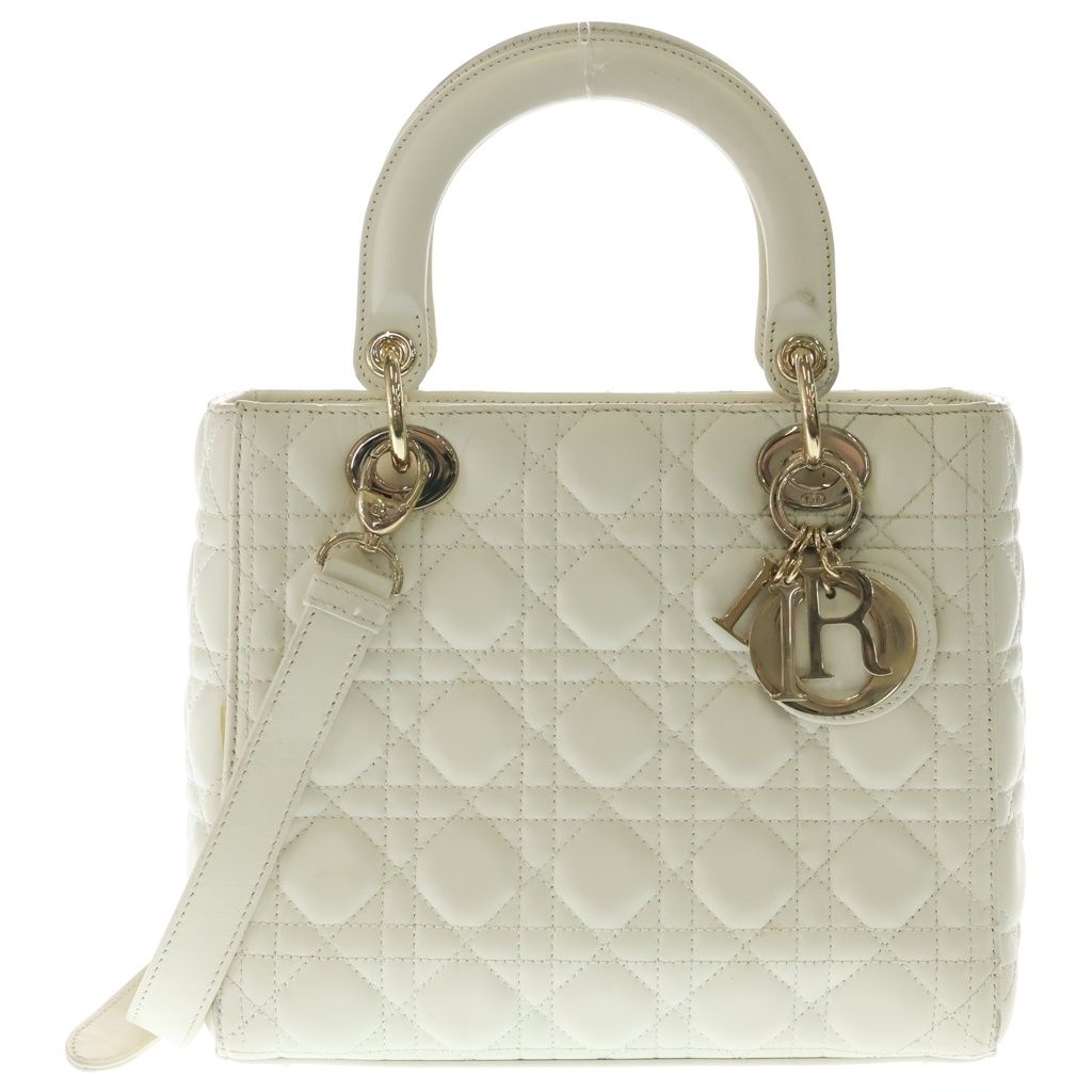 Christian Dior (クリスチャンディオール) レディディオール カナージュ 2WAYバッグ ハンドバッグ ショルダーバッグ ホワイト レザー ゴールド金具