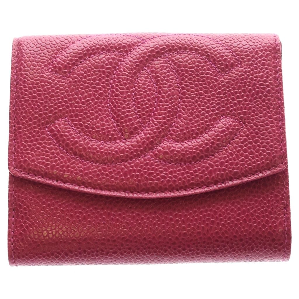 CHANEL (シャネル) ココマーク キャビアスキン レザー コンパクトウォレット 二つ折り財布 ピンク 3番台