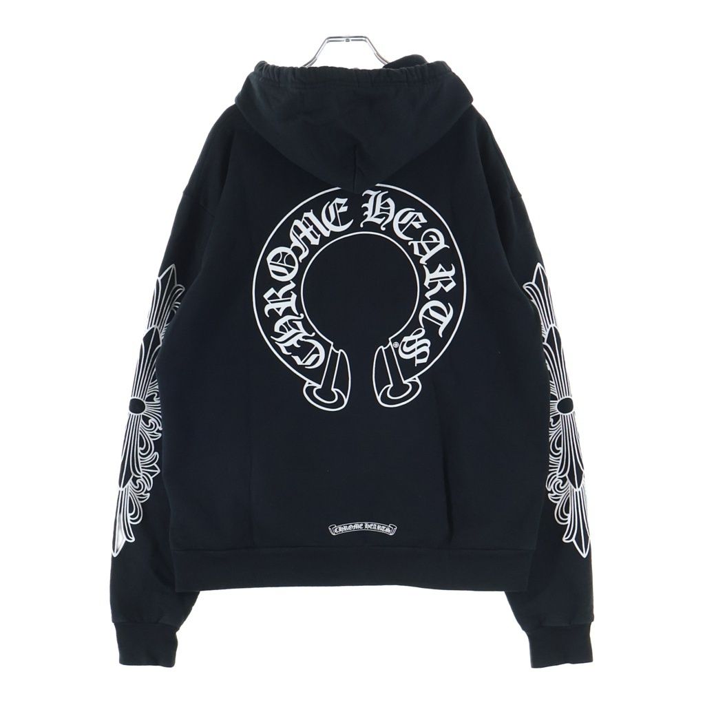 CHROME HEARTS (クロムハーツ) WTSHRT PLVR 袖フローラルバックホースシュープリントプルオーバーパーカー フーディー ブラック