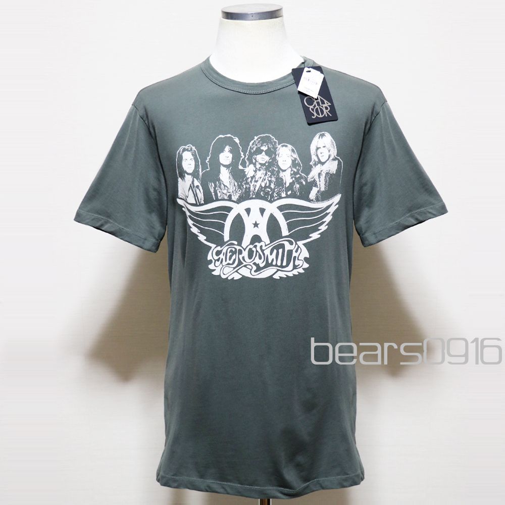 エアロスミス Tシャツ メンズ L 新品 タグ付き AEROSMITH バンドT チャコールグレー ニーマンマーカス取扱 ビンテージ加工 メンバーフォト ウイングロゴ 正規品 アメリカ古着