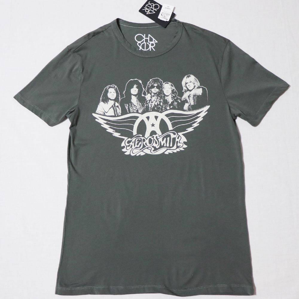 エアロスミス Tシャツ メンズ L 新品 タグ付き AEROSMITH バンドT チャコールグレー ニーマンマーカス取扱 ビンテージ加工 メンバーフォト ウイングロゴ 正規品 アメリカ古着