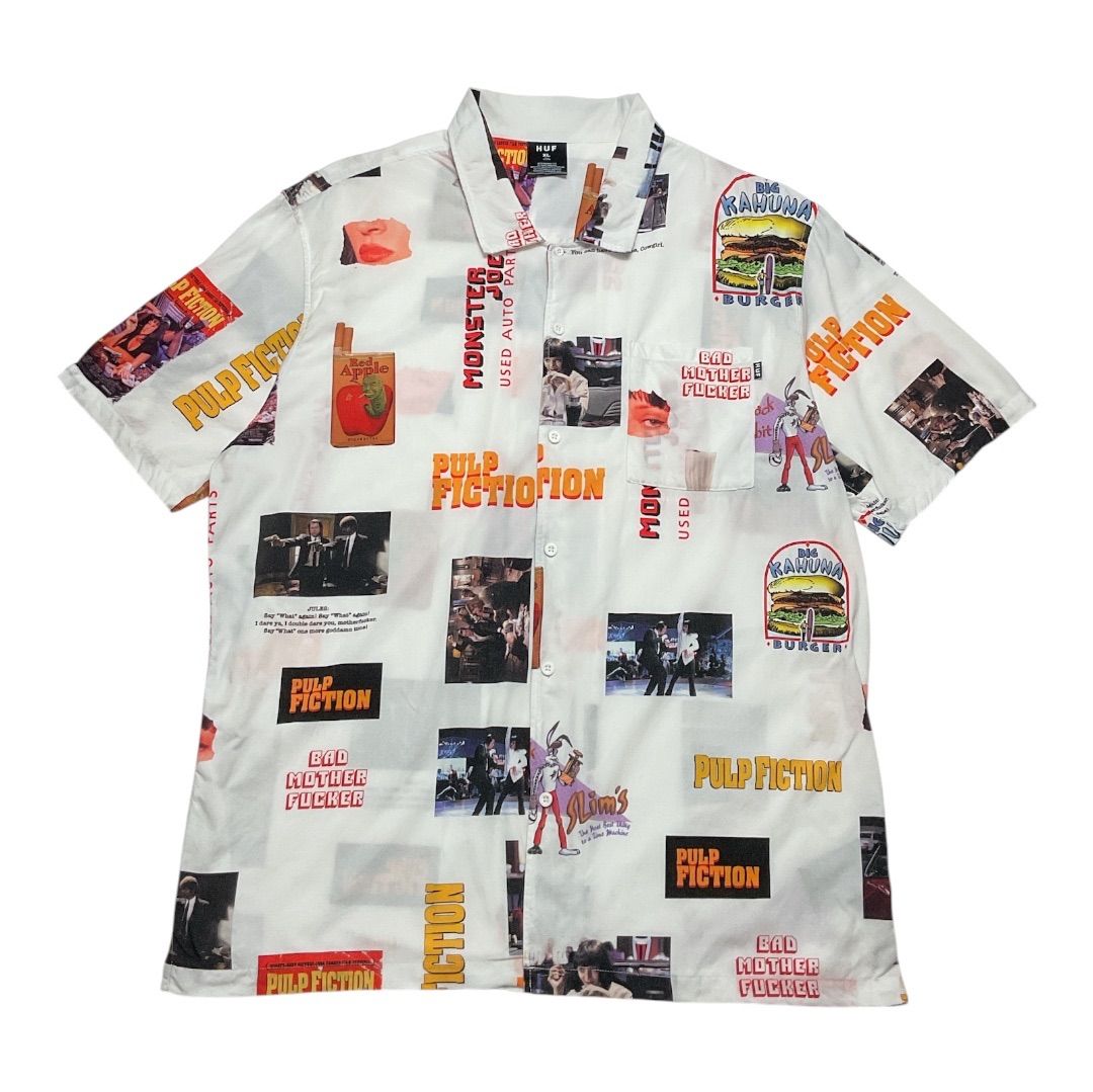 【新着】HUF ハフ 限定 PULP FICTION PHOTO WOVEN SHIRT 映画パルプフィクション公開25周年リリース メンズ XLサイズ ホワイト 【送料込み】