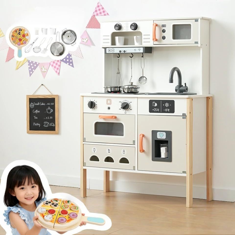おままごと キッチン 木製 ピザセット付き コーヒーメーカー 冷蔵庫 製氷機 電子レンジ コンロ 流し台 泡立て器 調理器具付き 知育玩具 キッズ ベビー 誕生日 プレゼント【ホワイト】e 5577aad2