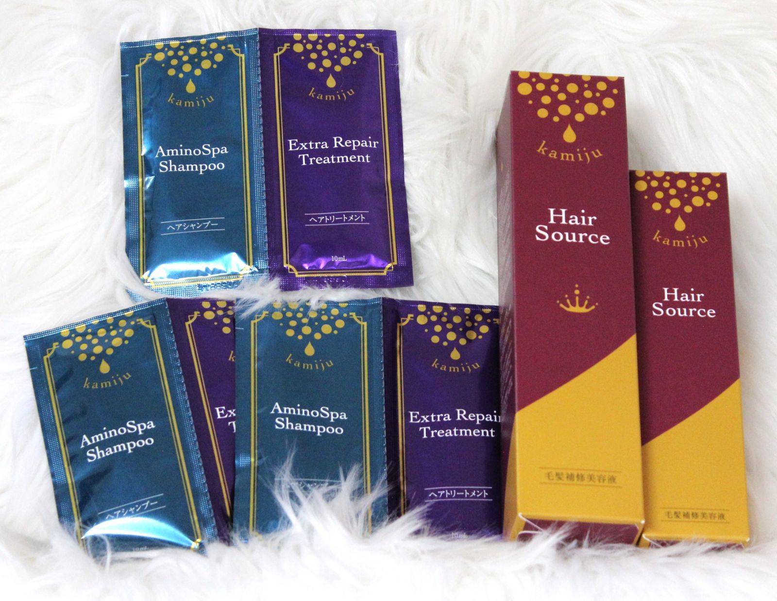 【カミージュヘアソース内容量200ml＜未使用＞×1箱＋内容量100ml＜未使用＞×1箱　ヘアーシャンプー＆トリートメント内容量10ml（未開封）×3個　5個セット】