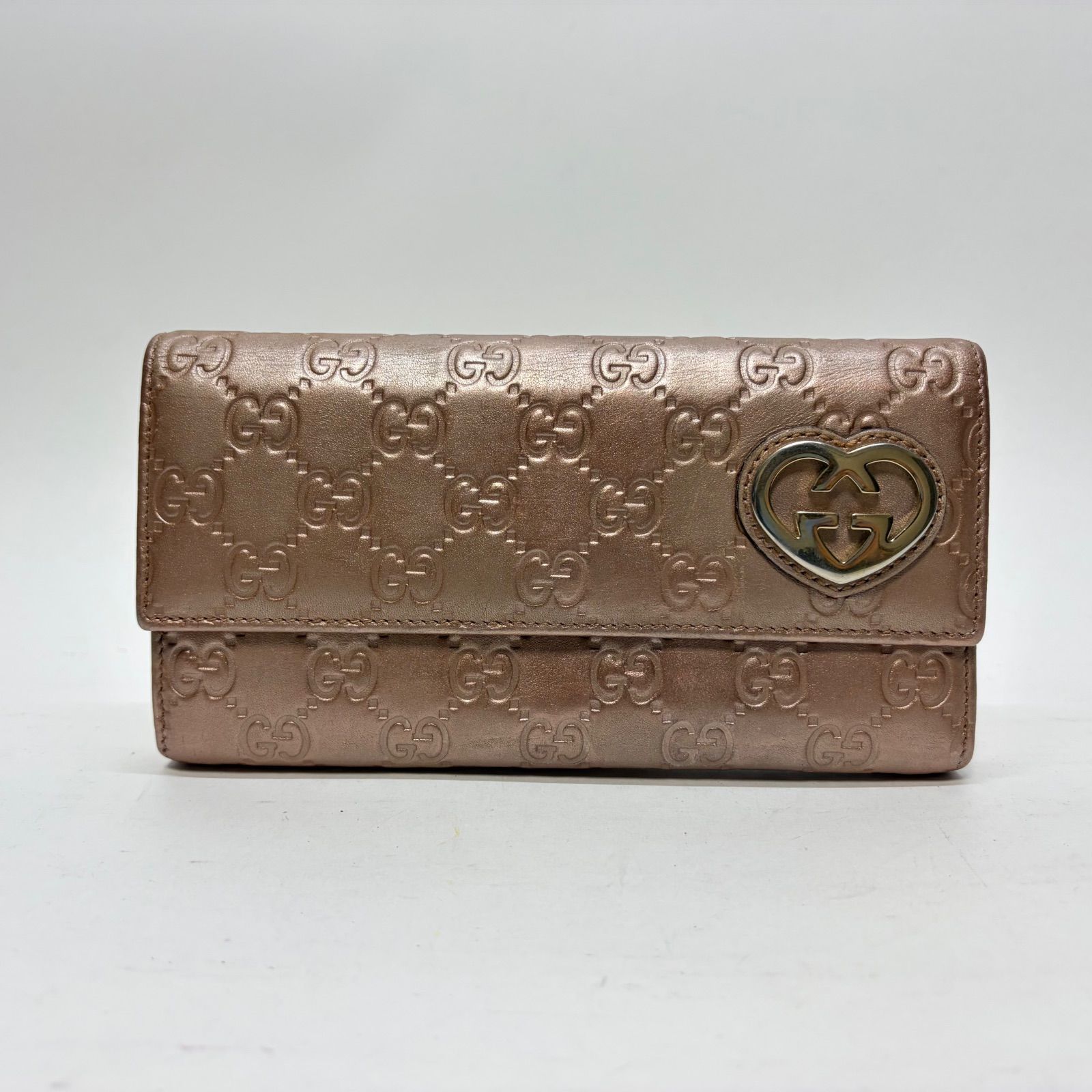 3756 GUCCI グッチ 長財布 シマレザー ピンクゴールド ハートロゴ フラップ コンチネンタル