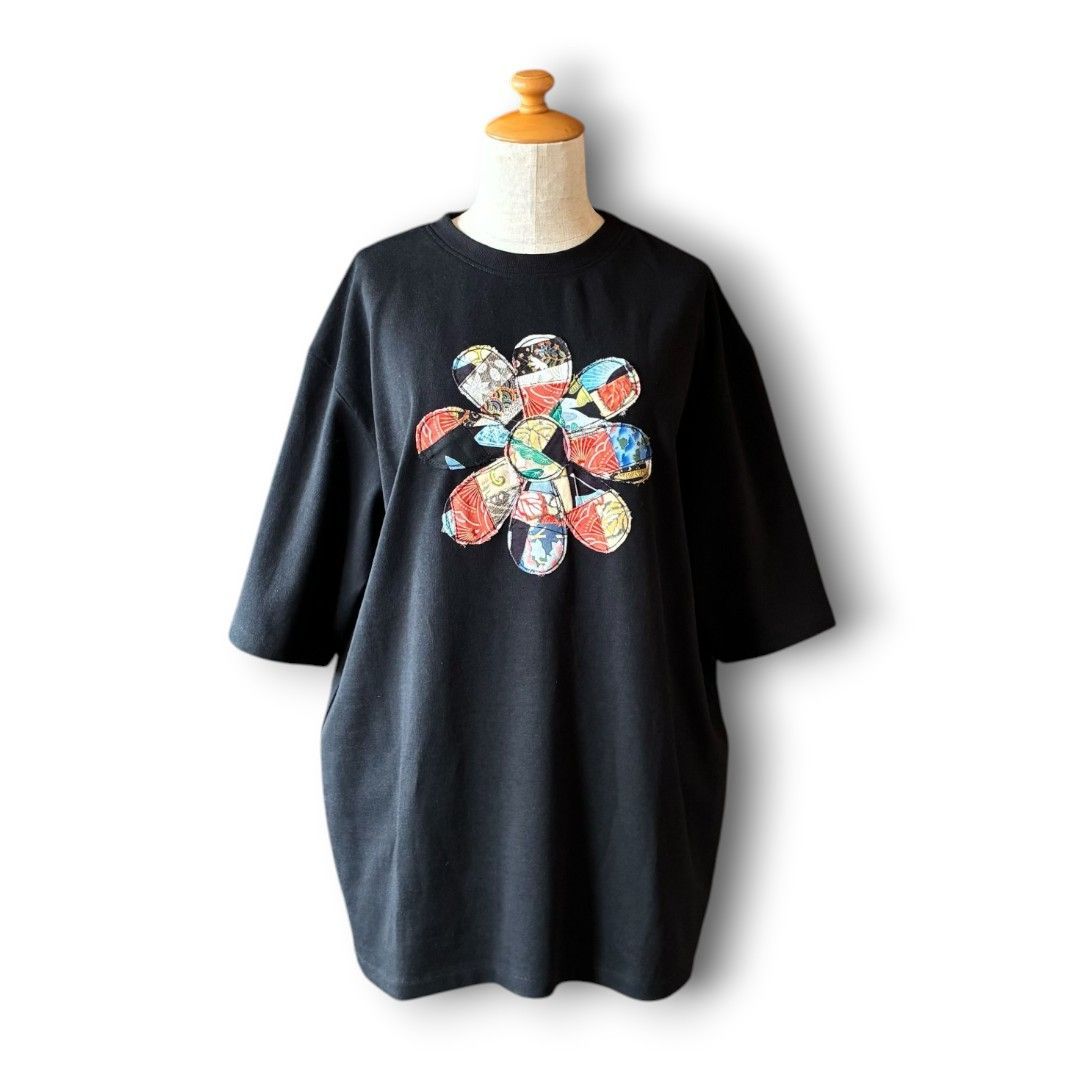 zivun 着物再構築 フラワーモチーフ Tシャツ｜一点物 和柄 ブラックTシャツ【OLD FLIP】 16,500円