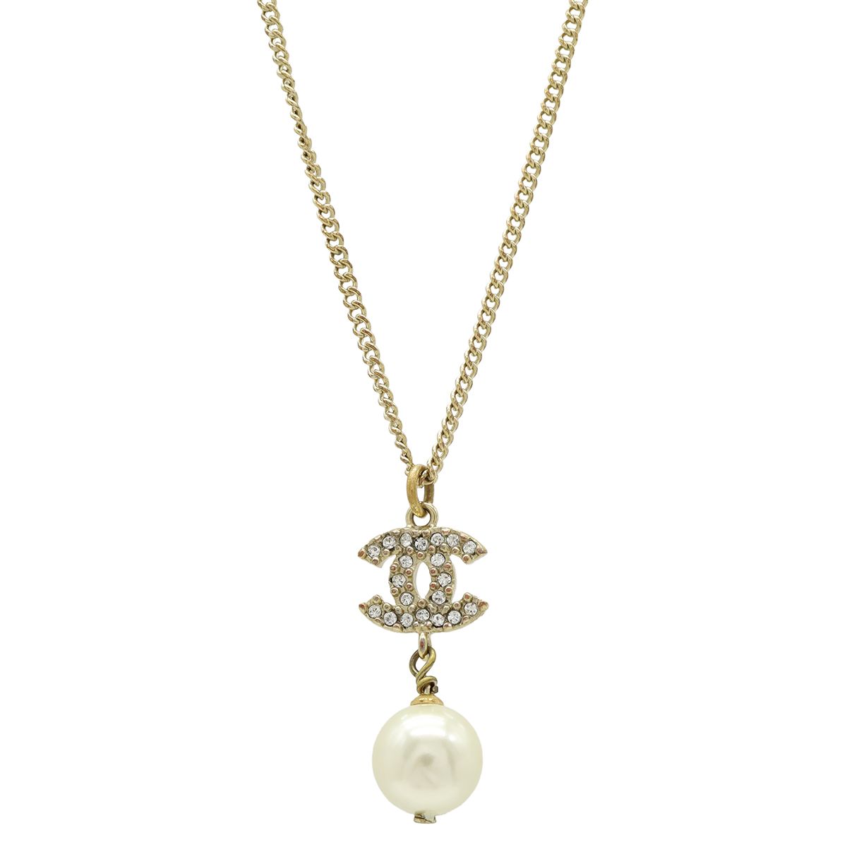 CHANEL シャネル ココマーク フェイクパール ネックレス ペンダント GP ラインストーン ゴールド アイボリー 10A