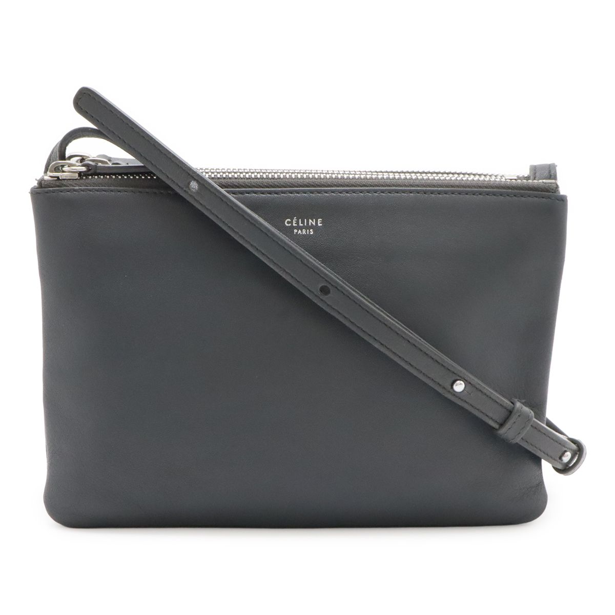 CELINE セリーヌ トリオ スモール ショルダーバッグ ポシェット ポーチ レザー チャコールグレー シルバー金具 165113