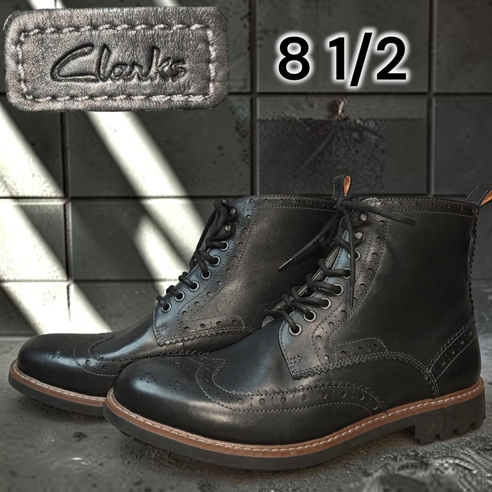 2010s CLARKS 訳ありデッドストック クラークス モンタキュートロード レザー ウイングチップ ブーツ 革靴 メダリオン コマンドソール 本革 黒 BLACK LEATHER WINGTIP BOOTS MENS 26.5cmサイズ相当