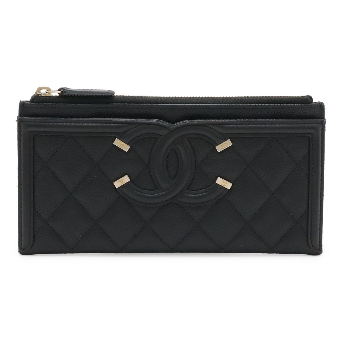 CHANEL シャネル CCフィリグリー ココマーク マトラッセ 長財布 ポーチ マルチケース キャビアスキン レザー ブラック 黒 ゴールド金具