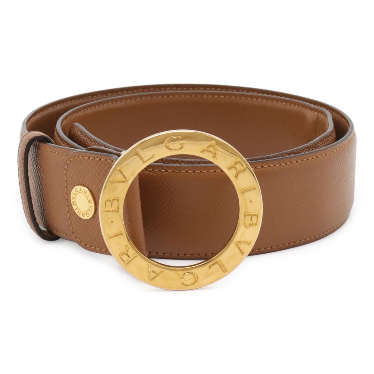 BVLGARI ブルガリ ブルガリブルガリ ベルト ラウンドロゴバックル レザー キャメル ライトブラウン ゴールド金具 表記#105 実寸80cm カット済 20231