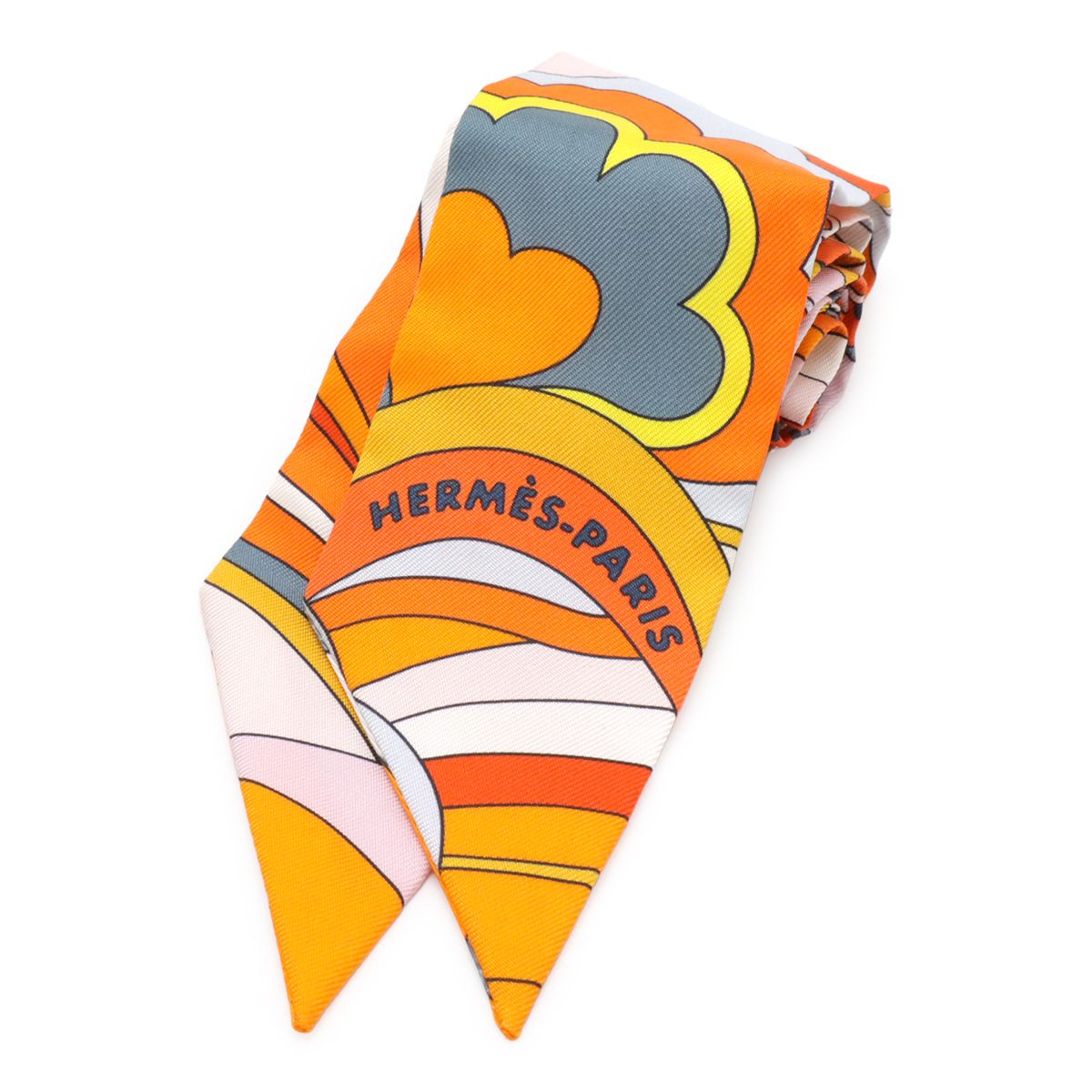 HERMES エルメス TWELL ツイリー ツイル トゥイリー スカーフ バッグアクセサリー フォーブルレインボー シルク100% オレンジ マルチカラー