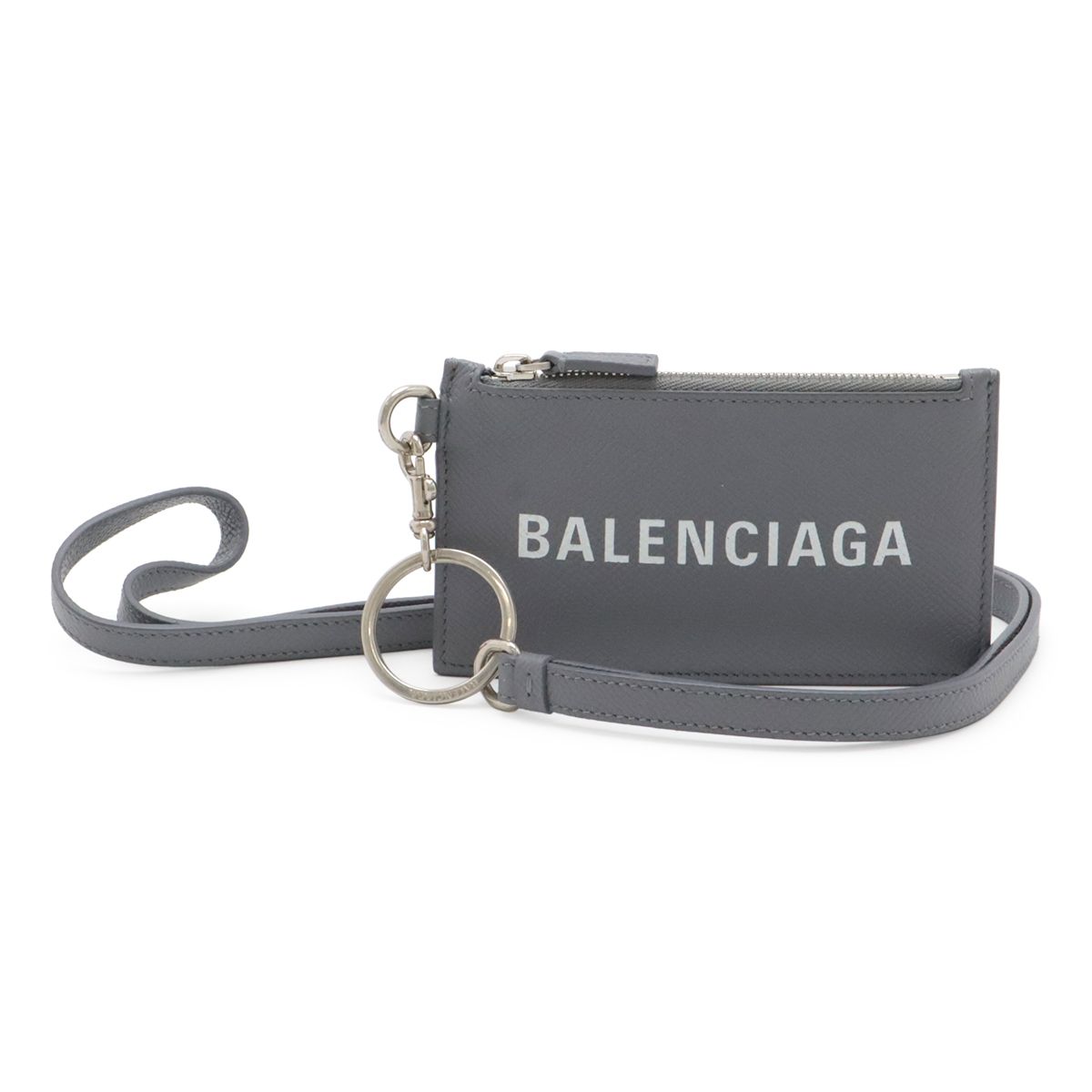 BALENCIAGA バレンシアガ ロゴ キャッシュ コインケース 小銭入れ カードケース フラグメントケース レザー グレー ネックストラップ付き 594548