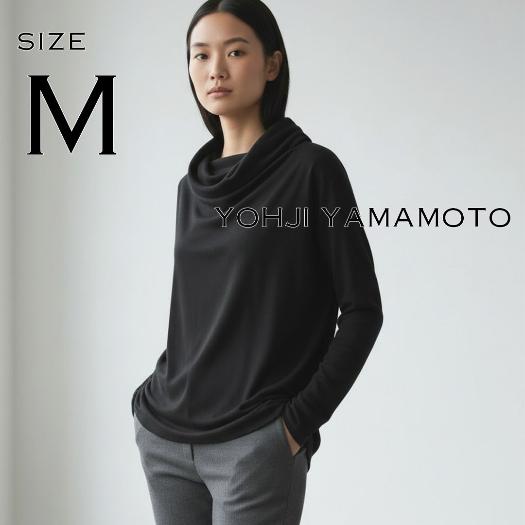 【極美品】Yohji Yamamoto FEMMEヨウジヤマモトファム 希少 日本語 90sアーカイブ ウール ドレープネック長袖カットソー M 黒【古着】【中古】【送料無料】
