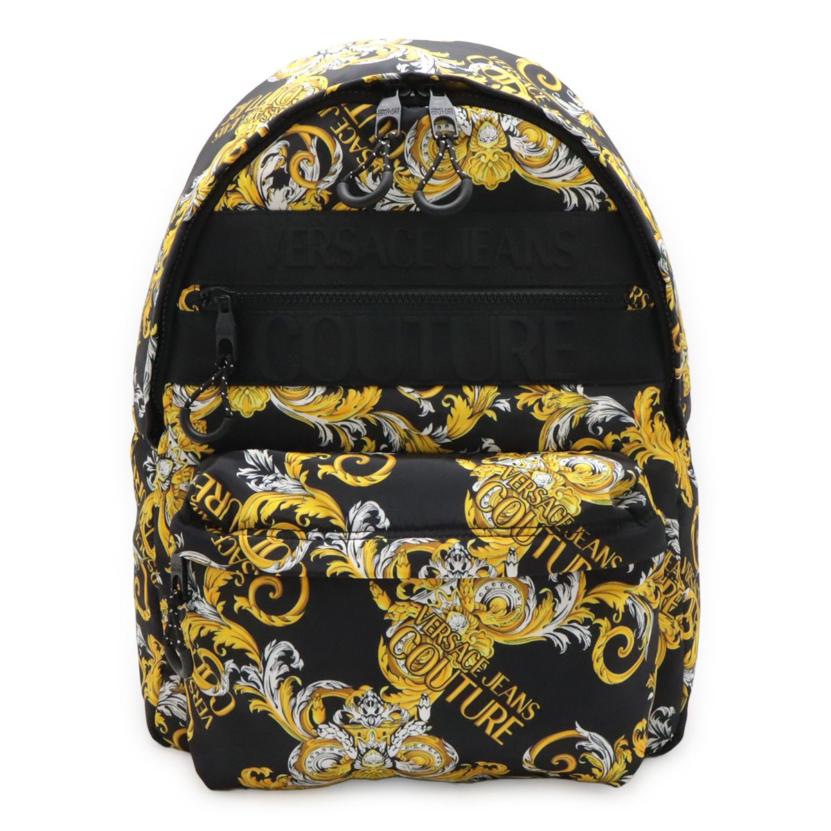 VERSACE JEANS COUTURE ヴェルサーチェ ヴェルサーチ ジーンズ クチュール バックパック リュックサック ナイロン ロゴ 総柄 ブラック 黒 ゴールド