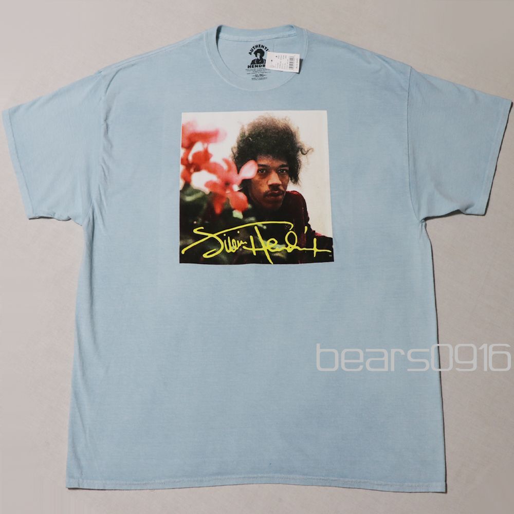 ジミヘンドリックス Tシャツ メンズ XL 新品 タグ付き JIMI HENDRIX バンドT ライトブルー 水色 サインロゴ 大判カラーフォト スクエアプリント ギター 超オーバーサイズ 正規品 アメリカ古着