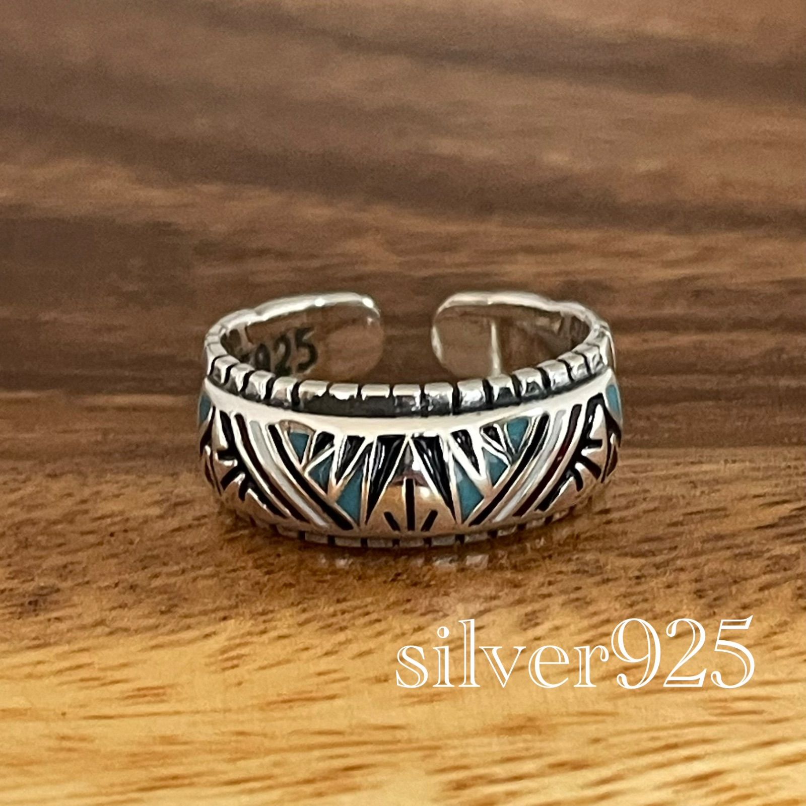 【Sterling 925】ターコイズ エナメル 幾何学模様 幅広バンドリング フリーサイズ メンズ ネイティブ インディアン