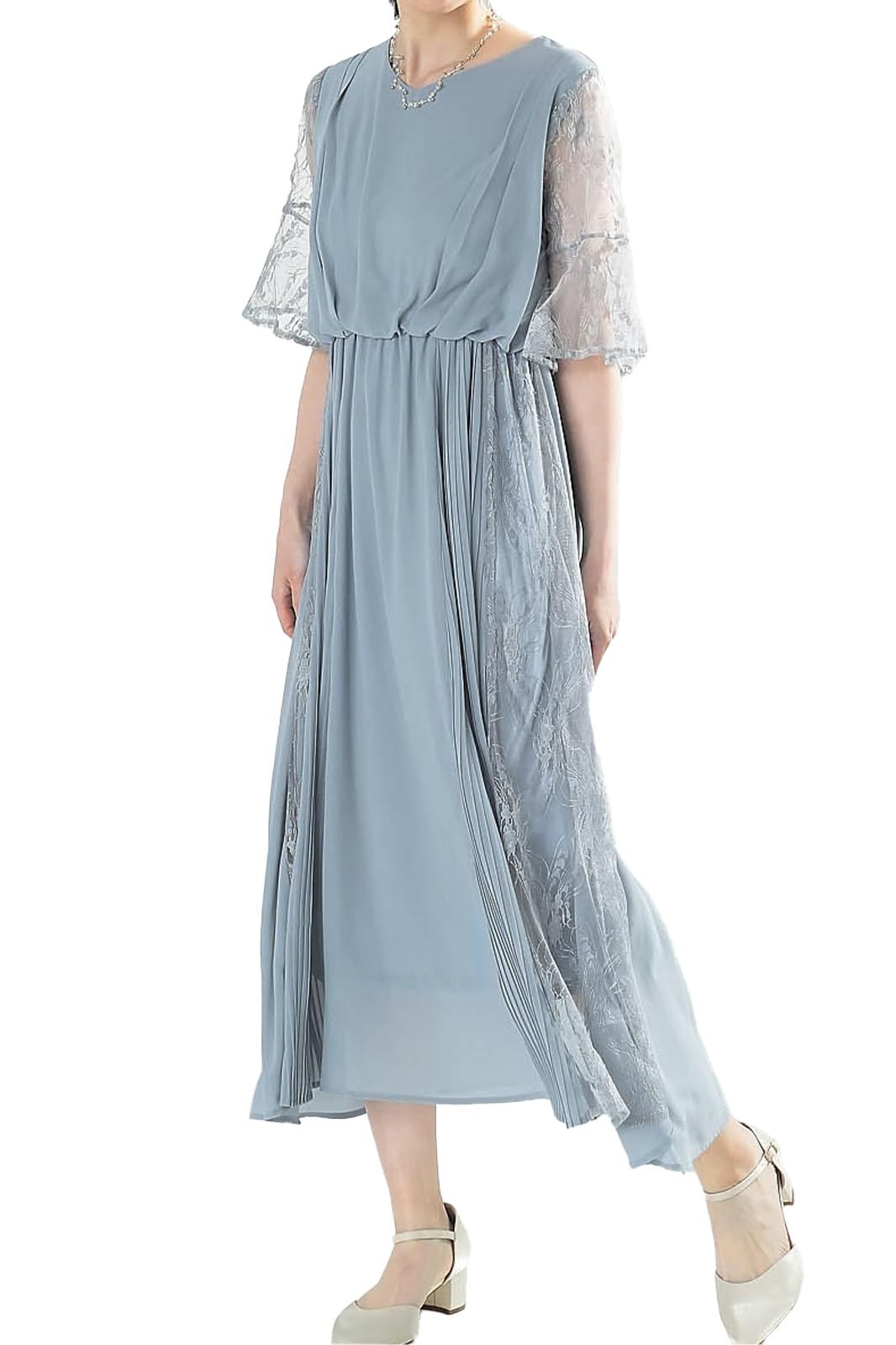 [アウニイ] 結婚式 ドレス お呼ばれ フォーマル ワンピース レディース ミモレ丈 ロング シフォンドレス 327014 (ライトグレー L) [ライトグレー / ミモレ丈 / 327014] [L]