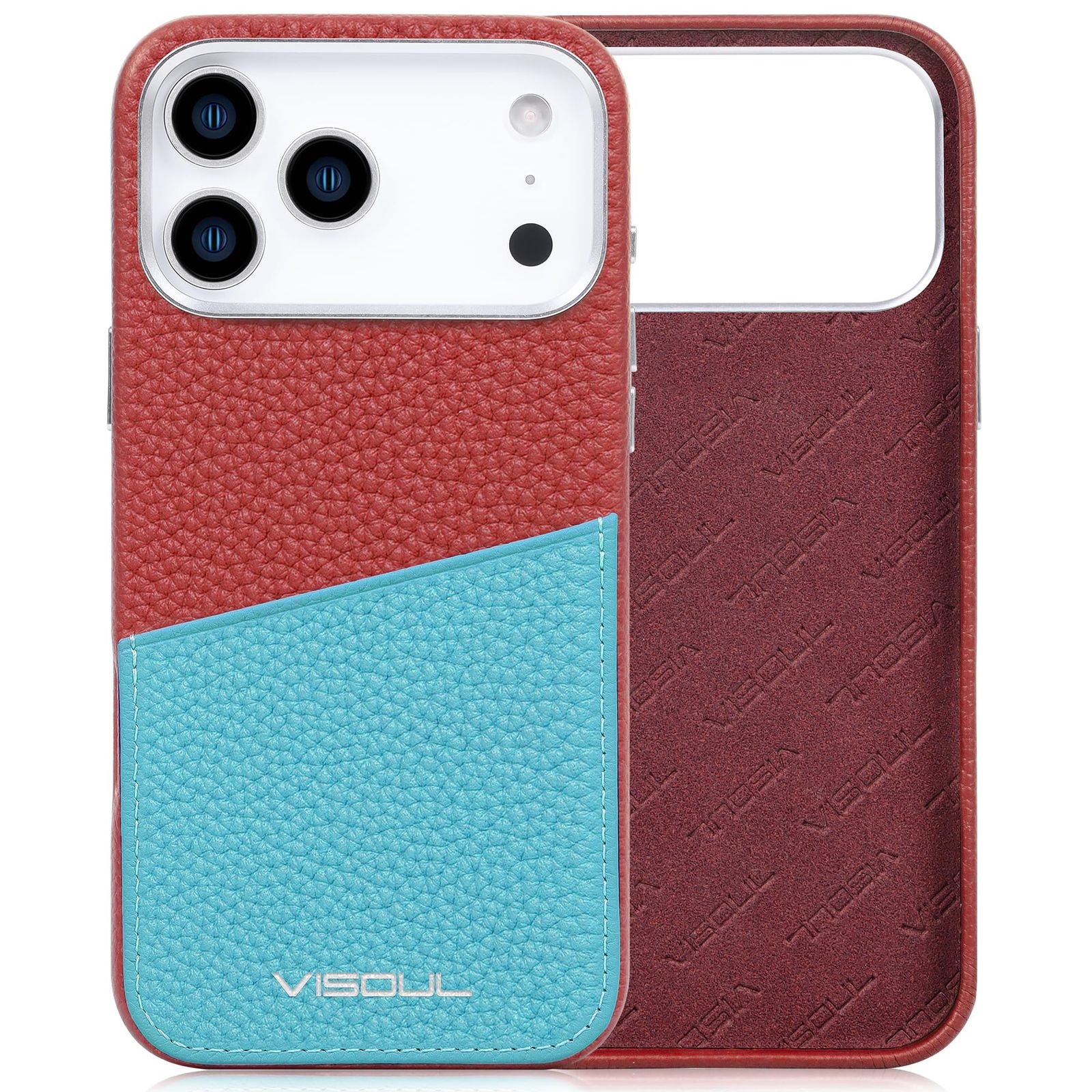 新品 VISOUL iPhone 17 Pro 対応 ケース 本革レザー ワイヤレス充電 磁気充電可 背面保護 あいふぉん17Pro 用 スマホカバー 薄型 軽量 滑り止め 指紋防止 耐久性 カメラ保護 アイホン17プロ 対応 スマホケース レッド・ミント「カ