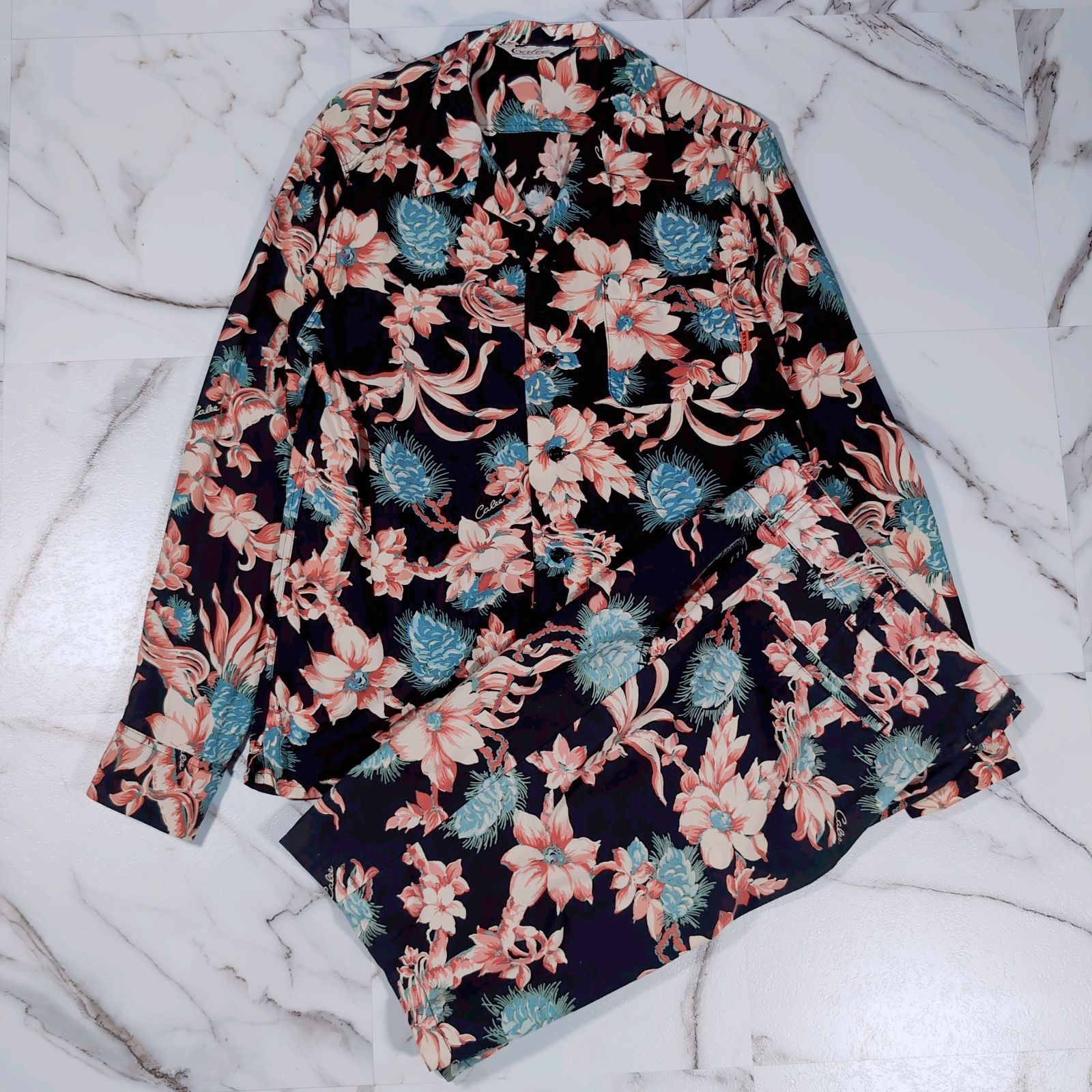CALEE L/S アロハシャツ ハーフパンツ セットアップ M ベース黒 ボタニカル 花柄 フラワー オープンカラー 開襟 レーヨン コットン ショーツ