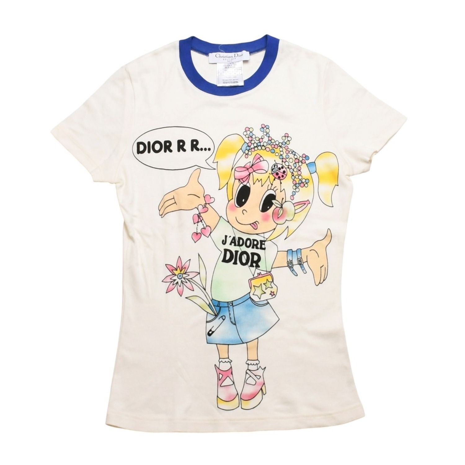 極美品 Christian Dior クリスチャンディオール ヴィンテージ リンガーTシャツ ガリアーノ期 Tシャツ ホワイト ブルー 平成レトロデザイン 5E16155204 中古 4a002896