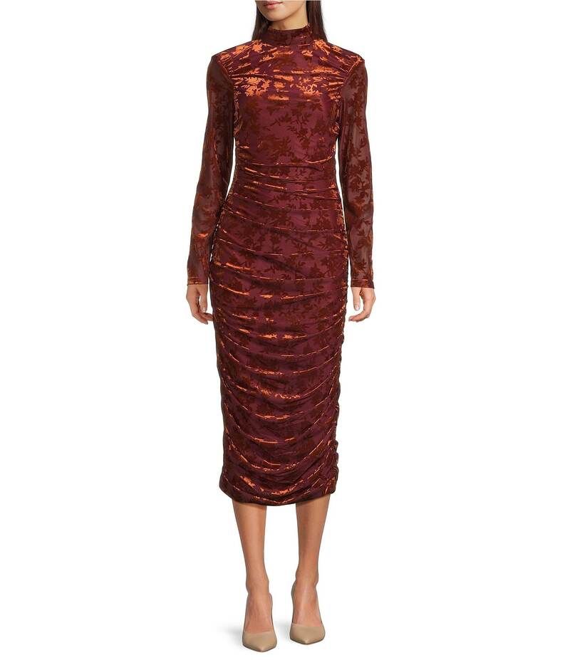 バッジェリーミシュカ レディース トップス ワンピース ボディコンワンピース ギャザー ベルベット Badgley Mischka Kendall Velvet Burnout Ruched Long Sleeve Bodycon Dress Copper