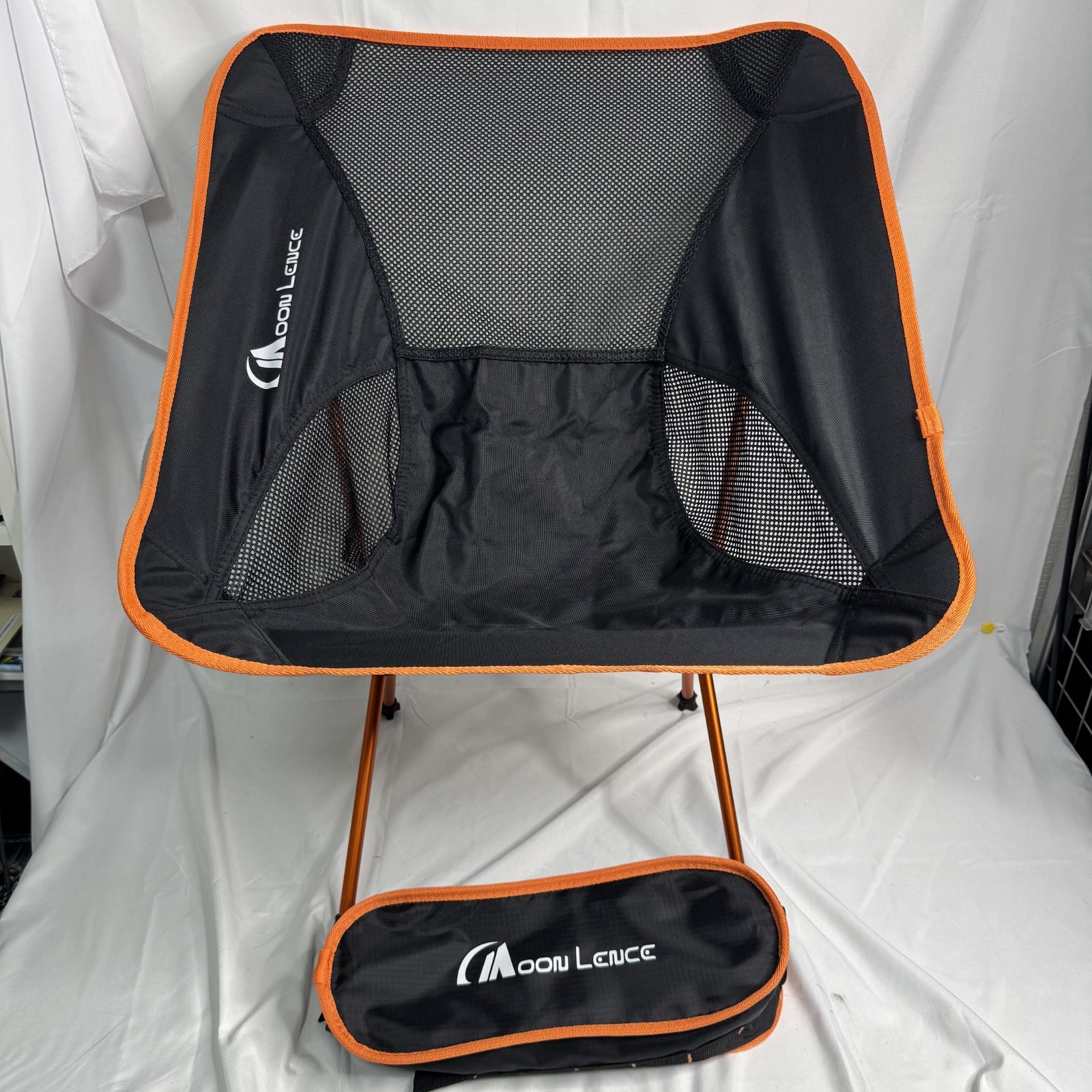 Moon Lence Outdoor Chair, Folding Compact Chair, Aluminum Frame, Orange, Lightweight, Camping Chair with Storage Bag, Solo Camping, Mountaineering, Fishing, Festival, Disaster Prevention, Easy to Carry, Used