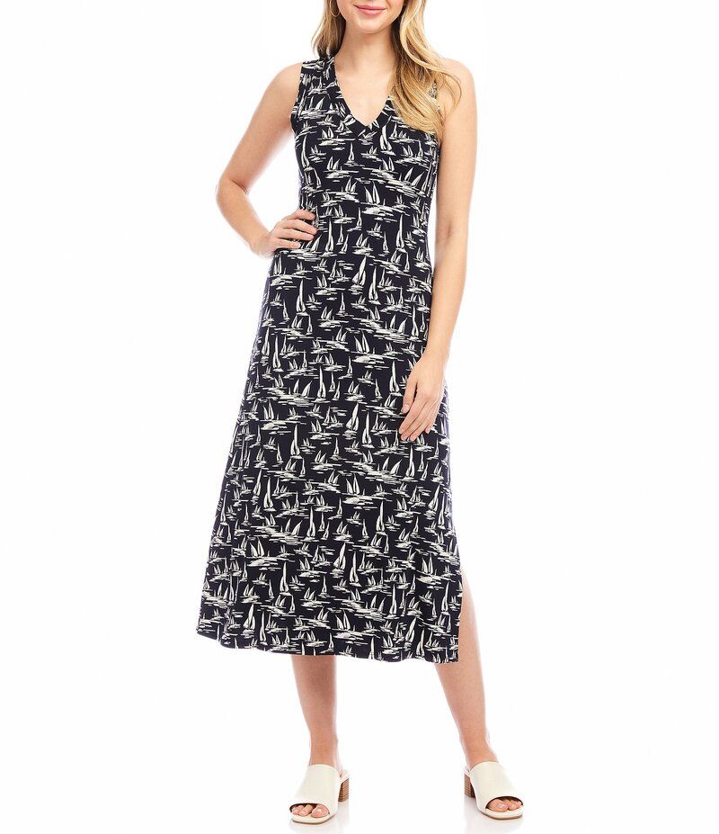 カレンケーン レディース トップス ワンピース Vネック ミディワンピース プリント ミディ ノースリーブ Karen Kane Sailboat Print VNeck Sleeveless Midi Dress Navy Print ネイビー