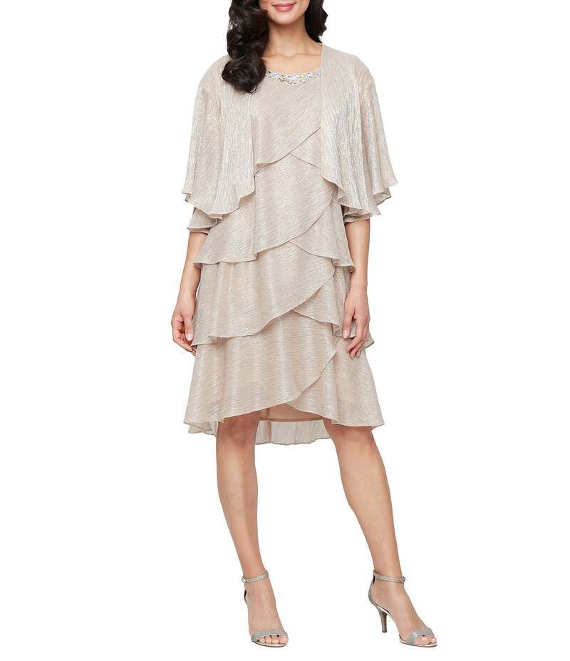イグナイト レディース トップス ワンピース クルーネック プチ ジャケット Ignite Evenings Petite Size Short Sleeve Embellished Crew Neck 2Piece Jacket Dress Gold ゴール