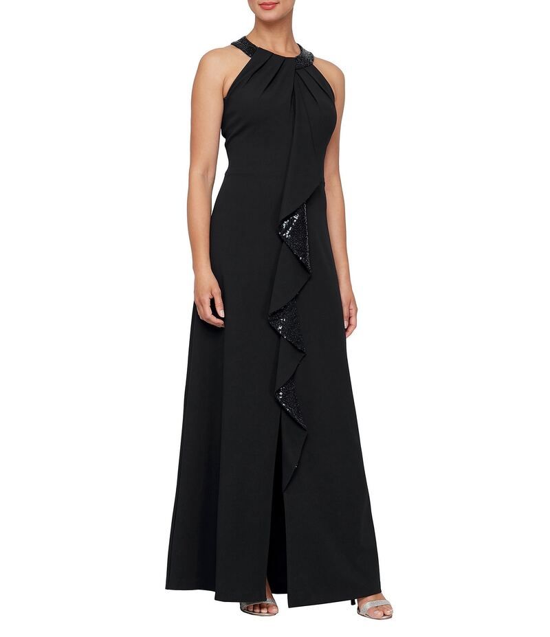 イグナイト レディース トップス ワンピース クレープ フリル スパンコール ノースリーブ ホルター Ignite Evenings Stretch Crepe Sequin Cascade Sequin Ruffle Halter Neck Sleevele