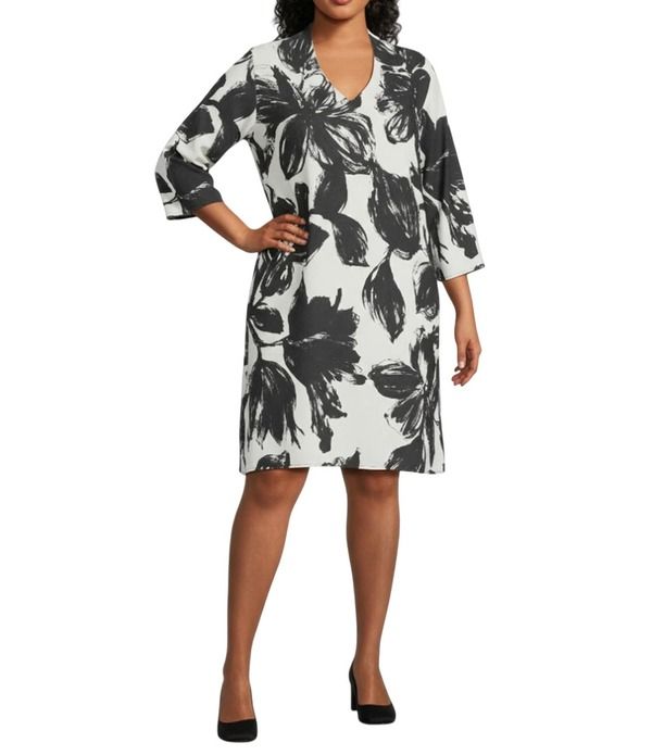 キャロライン ローズ レディース トップス ワンピース Vネック フラワー柄 プラスサイズ プリント フラワー Caroline Rose Plusize Vivianna Brushstroke Floral Print VNeck 34 Sleeve Sh