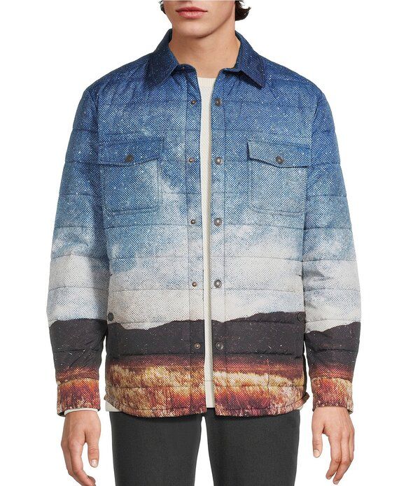 ラウン メンズ トップス シャツ プリント キャップ ケープ ジャケット Rowm The Drifter Long Sleeve Western Landscape Printed Scenic Shirt Jacket Light Blue ブルー