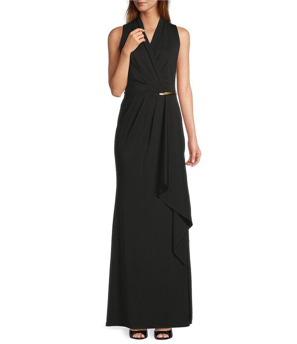 ダナキャラン レディース トップス ワンピース Vネック ノースリーブ ジャージー Donna Karan Filament Jersey Wrap VNeck Sleeveless Long Sheath Gown Black ブラック 34,970円