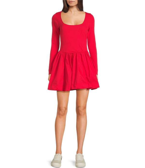 ダブルゼロ レディース トップス ワンピース ミニ Double Zero Scoop Neck Long Sleeve Mini Fit And Flare Dress Red レッド